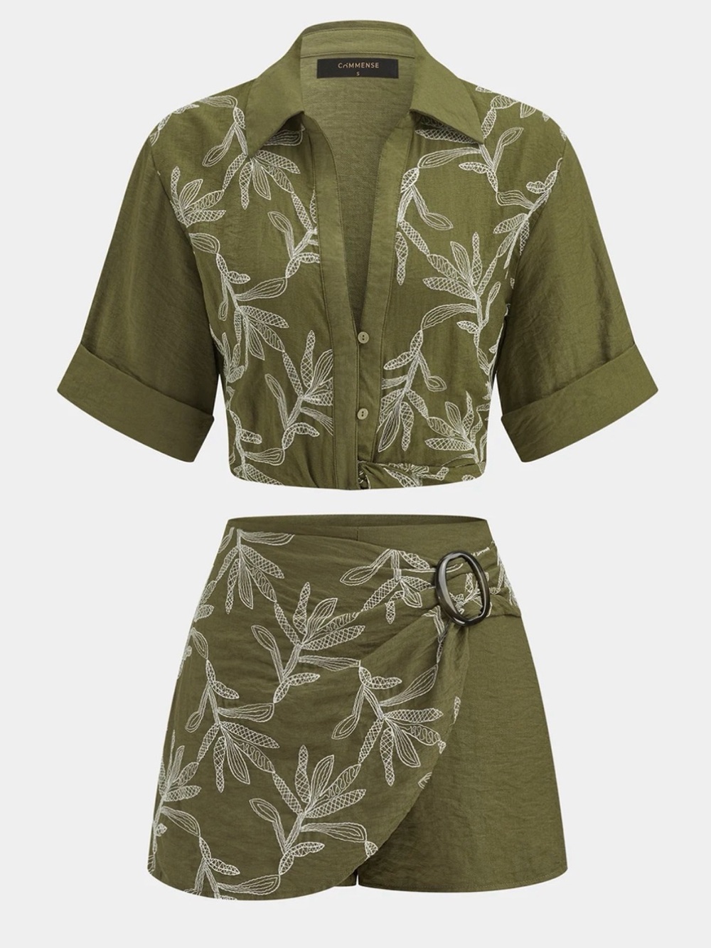 Commense Olive Cotton Linen Embroidered Shirt & Shorts Set